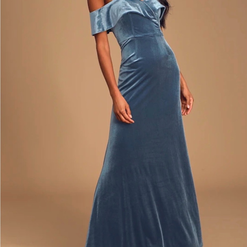 Lulu's One Shoulder Blue Velvet Dress